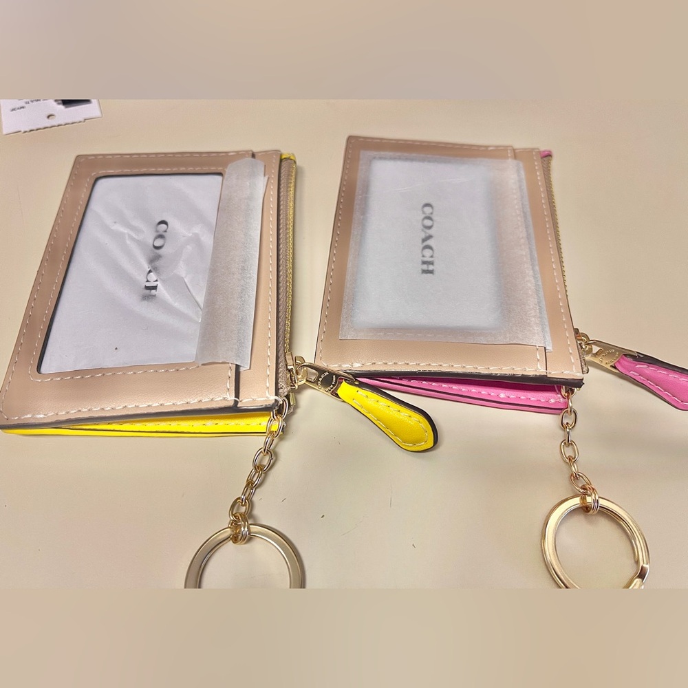 Coach NWT Leather &Canvas CHOOSE PINK orYELLOW Slim Plaid Card Holder/keychain - Picture 6 of 14